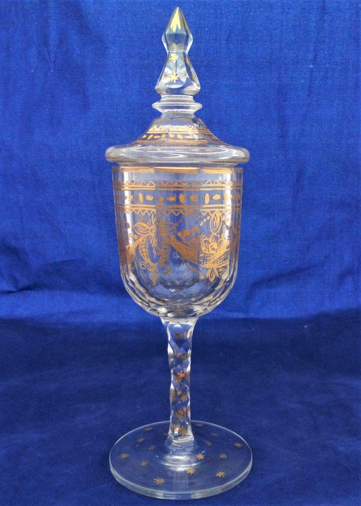 Antique Bohemian Glass Lidded Small Goblet Gilded Decoration Faceted Stem c 1880