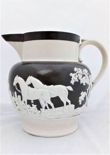 Large Stoneware Ale Jug Sprigged Hunting Scene Chetham and Woolley c 1810