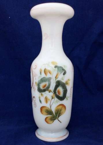 Victorian Opaque Milk Glass Vase Hand Painted Convolvulus Pansies Antique c 1860