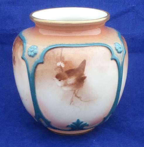 James Hadley & Sons Worcester Porcelain Vase Hand Painted Sepia Birds Antique c 1899