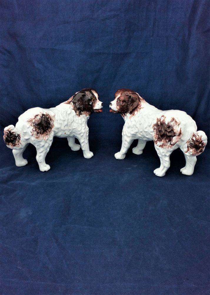 Antique Pair Staffordshire Pottery Dog Figures St Bernard Standing Dogs circa 1890