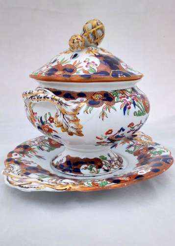 Antique Minton Best Body Pottery Sauce Tureen Flow Blue and D'Orsay Japan hand coloured transfer ware pattern  diamond registration mark dated 4th December 1846