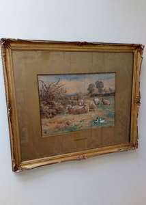Antique Gilt Framed Glazed and Gilt Mounted Claude Cardon Watercolour  painting Titled A Field at Whitstable Kent with sheep and ducks circa 1900