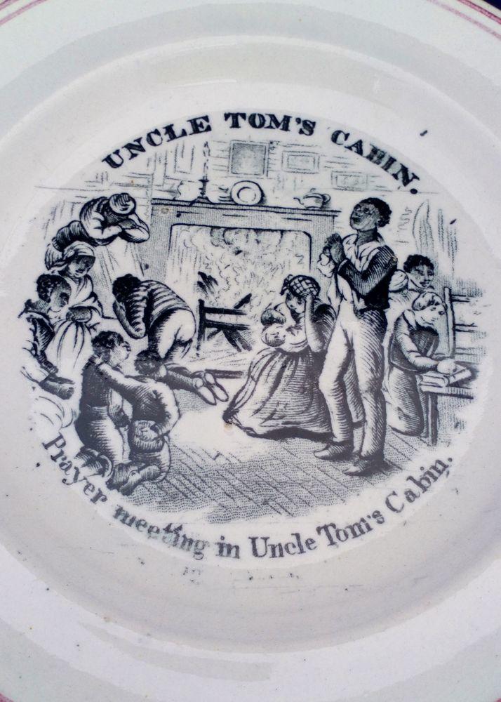 Antique Transfer Printed Earthenware Plate Anti Slavery Uncle Tom's Cabin By Harriet Beecher Stowe Engrved image by George Cruikshank Prayer Meeting in Uncle Tom's Cabin