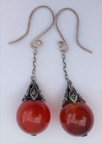 Antique Edwardian to 1920s Long Dropper Earrings Silver Carnelian and Marcasite