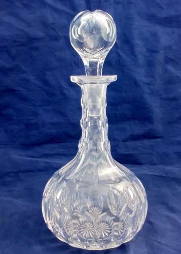 Antique Victorian Shaft and Globe Cut Glass Decanter Thumb Cut body panel cut shoulder and Faceted Neck circa 1880