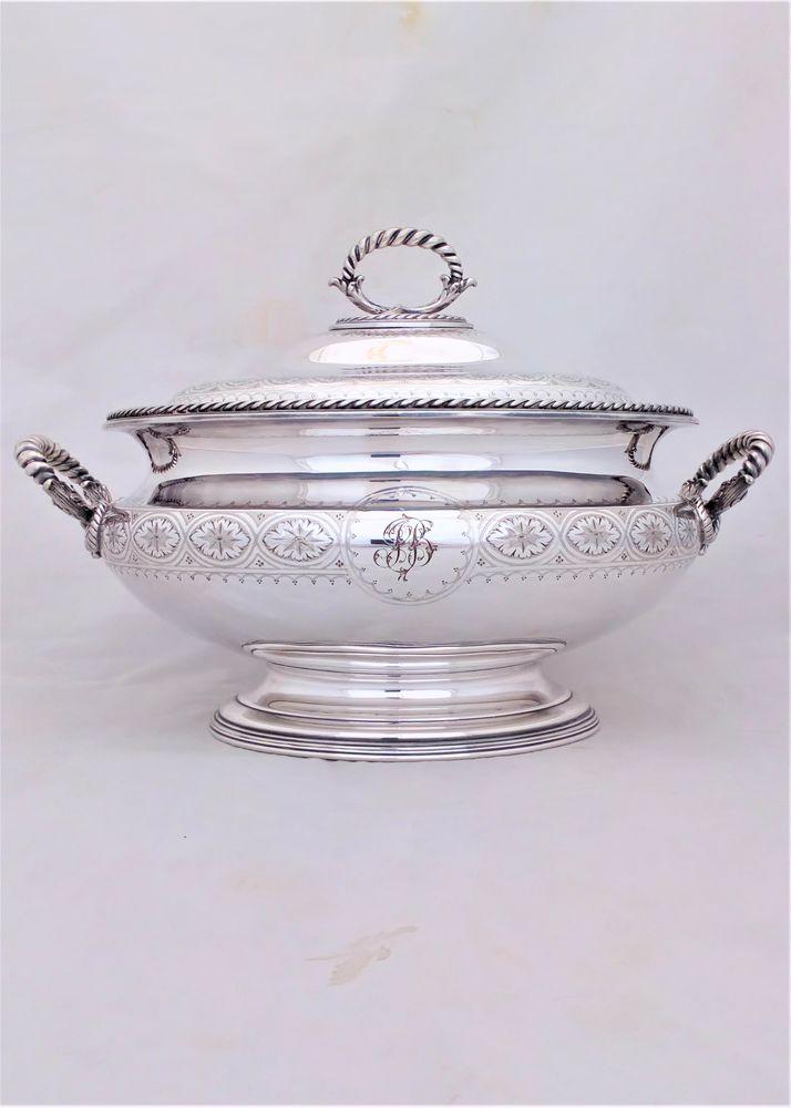 Large antique Victorian Elkington and Co silver plated soup tureen 16 inches long capacity ten pints Aesthetic movement decoration date code for 1885.