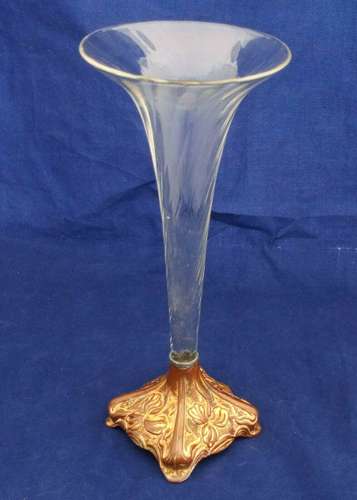 Art Nouveau Metal and Glass Epergne Floral Embossed Base Wrythen Trumpet Antique c 1890