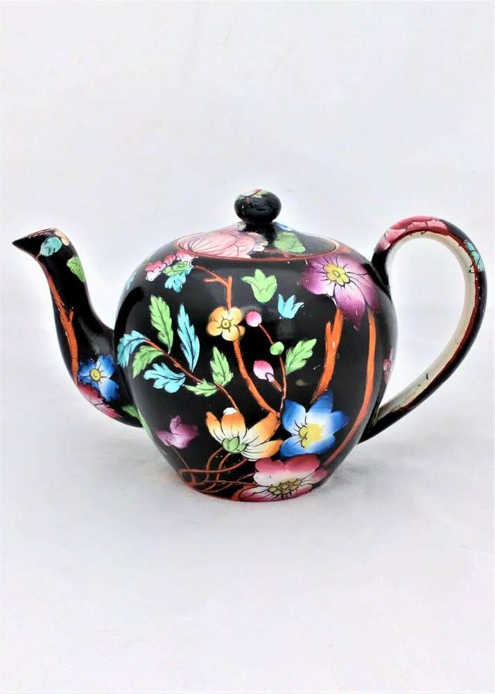Antique Bachelor Teapot Transferware Black Ground Floral Sprays Livonia c 1850
