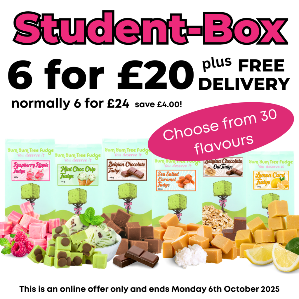 NEW OFFER - The Student Fudge Box - 6 bags for £20, (normally £24) You can choose from over 30 flavours and save £4 plus free de