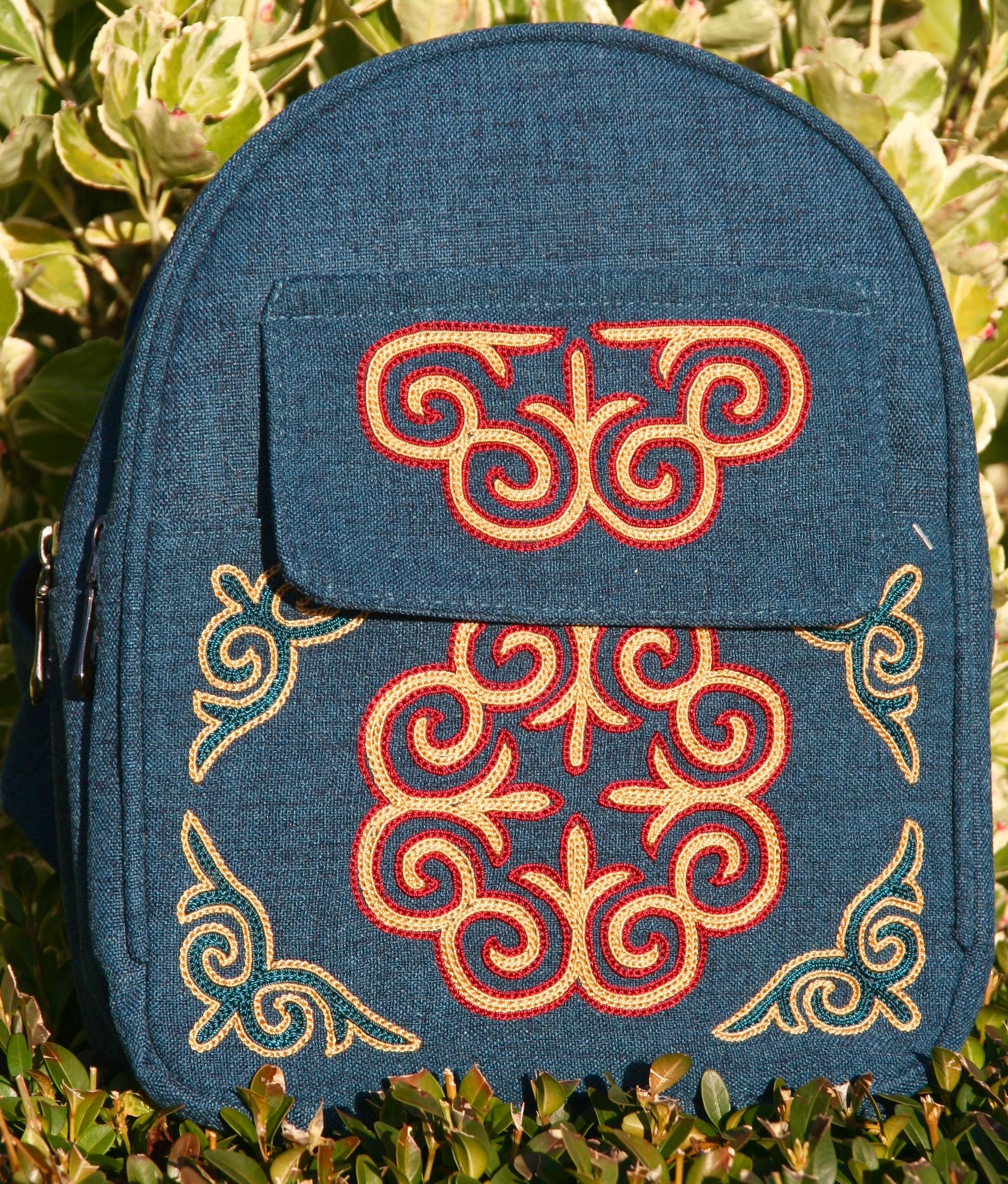 Fair-trade Handmade Mongolian mini backpack Mid blue material Red and Gold embroidery using traditional Kazakh motifs