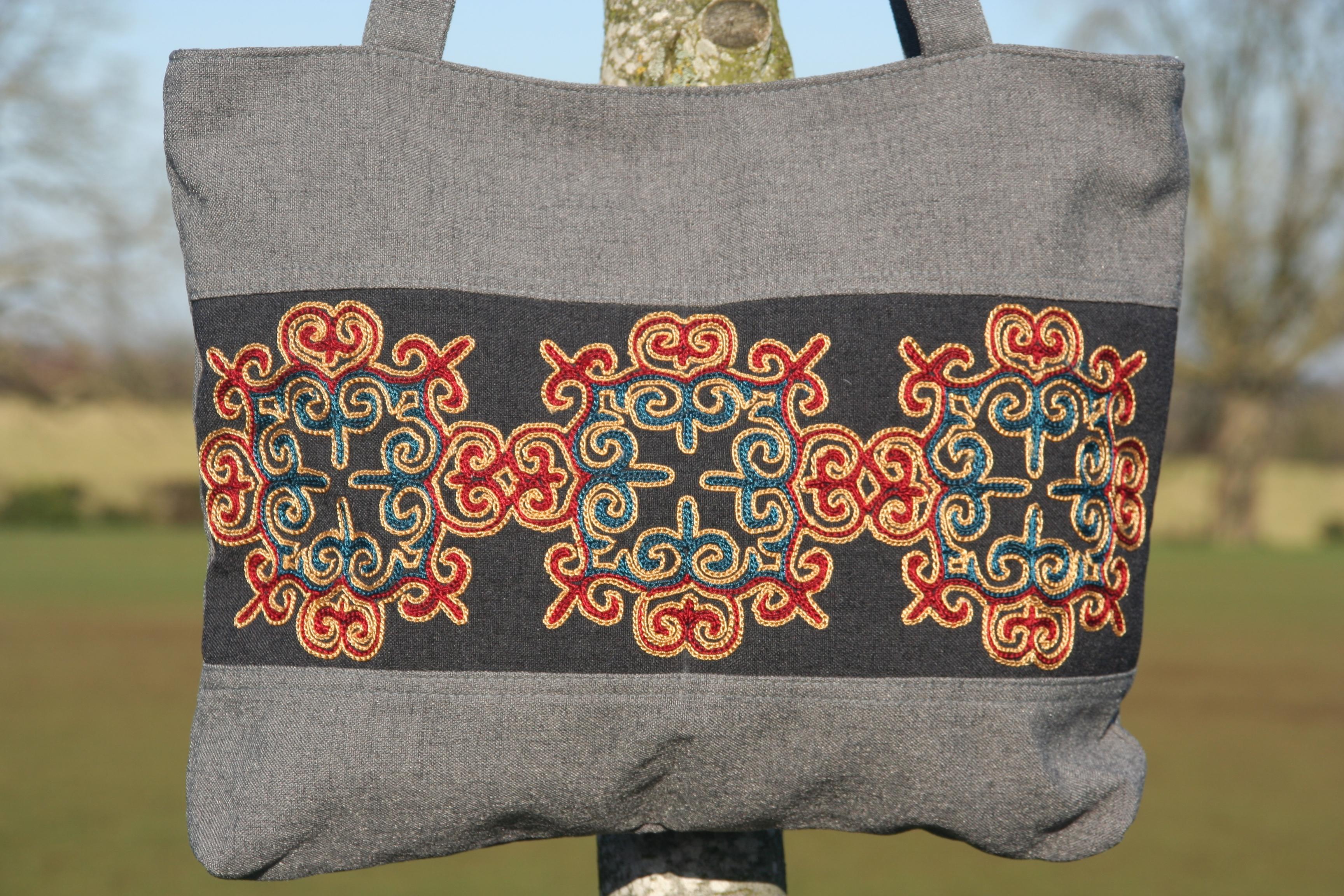 Kazakh Embroidery Panel Bag - Grey