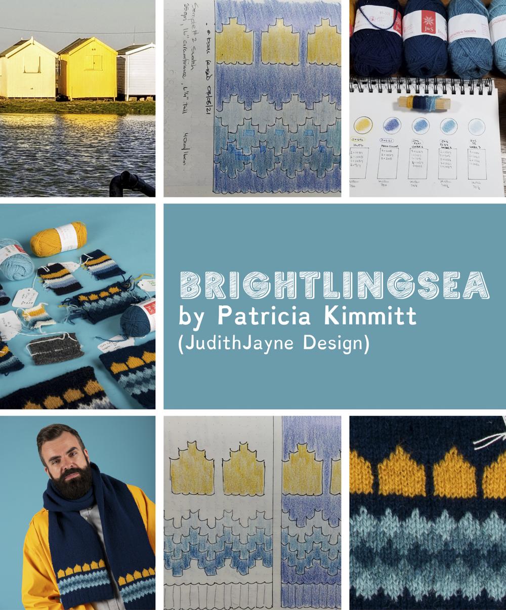 Brightlingsea by Patricia Kimmitt (JudithJayne Design) - composite image in grid-form showing design stages for a scarf inspired by golden yellow beach huts by the sea. As well as the scarf you can see the huts, notepad pages showing the design in progress, swatches and yarn balls