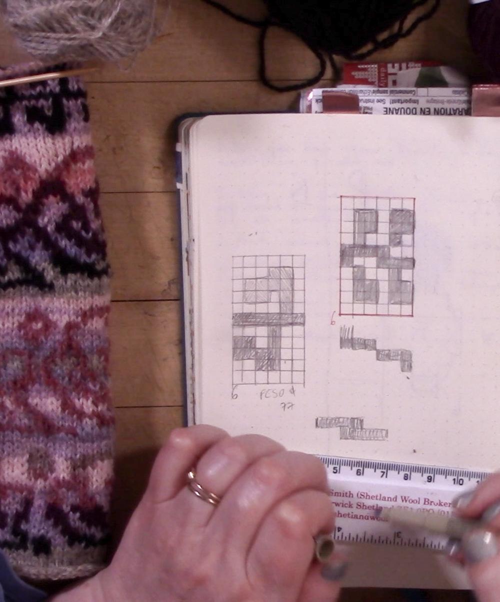 a still from the course, in which hands drawing out charts in a dot grid notebook can be seen, along with a swatch (to the left of the frame)