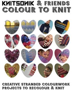 KNITSONIK & Friends Colour to Knit Club - a composite grid of images that look both like hearts and knit-stitches, and which contain photos detailing the creative process of designing stranded colourwork - coloured in drawings, grids, charts, pencils etc.