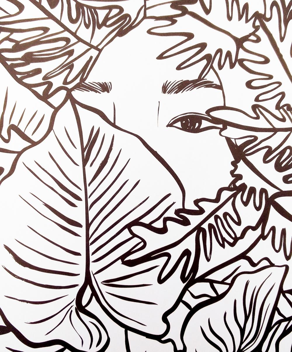 A not-yet-coloured-in page from W+P+P featuring a woman peeping out from behind a leaf