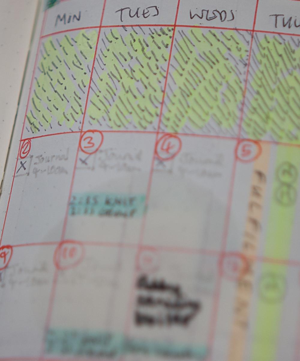 View of messy one-month view from inside bullet journal