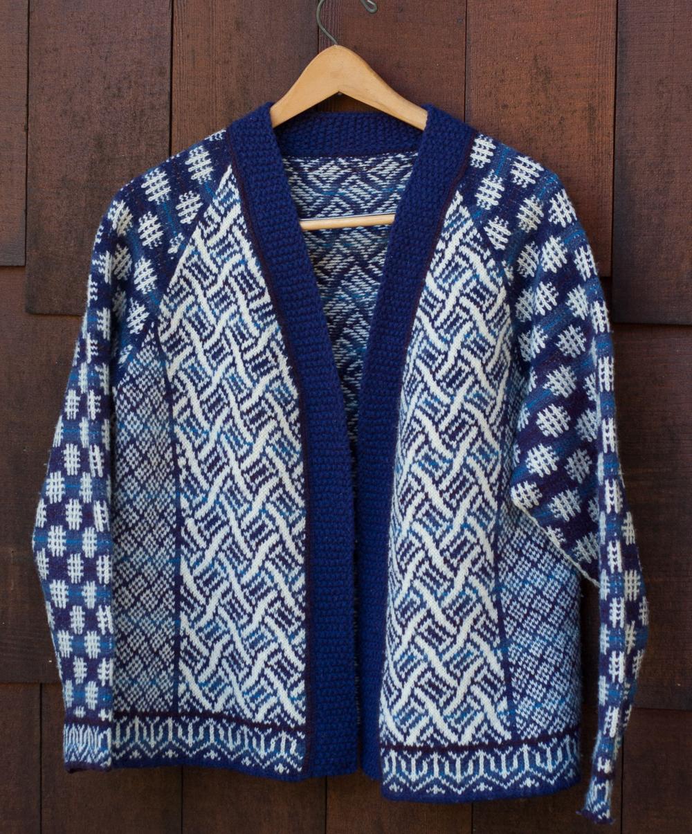 Sashiko-stitch-inspired sweater created using methods in The Joy of Color