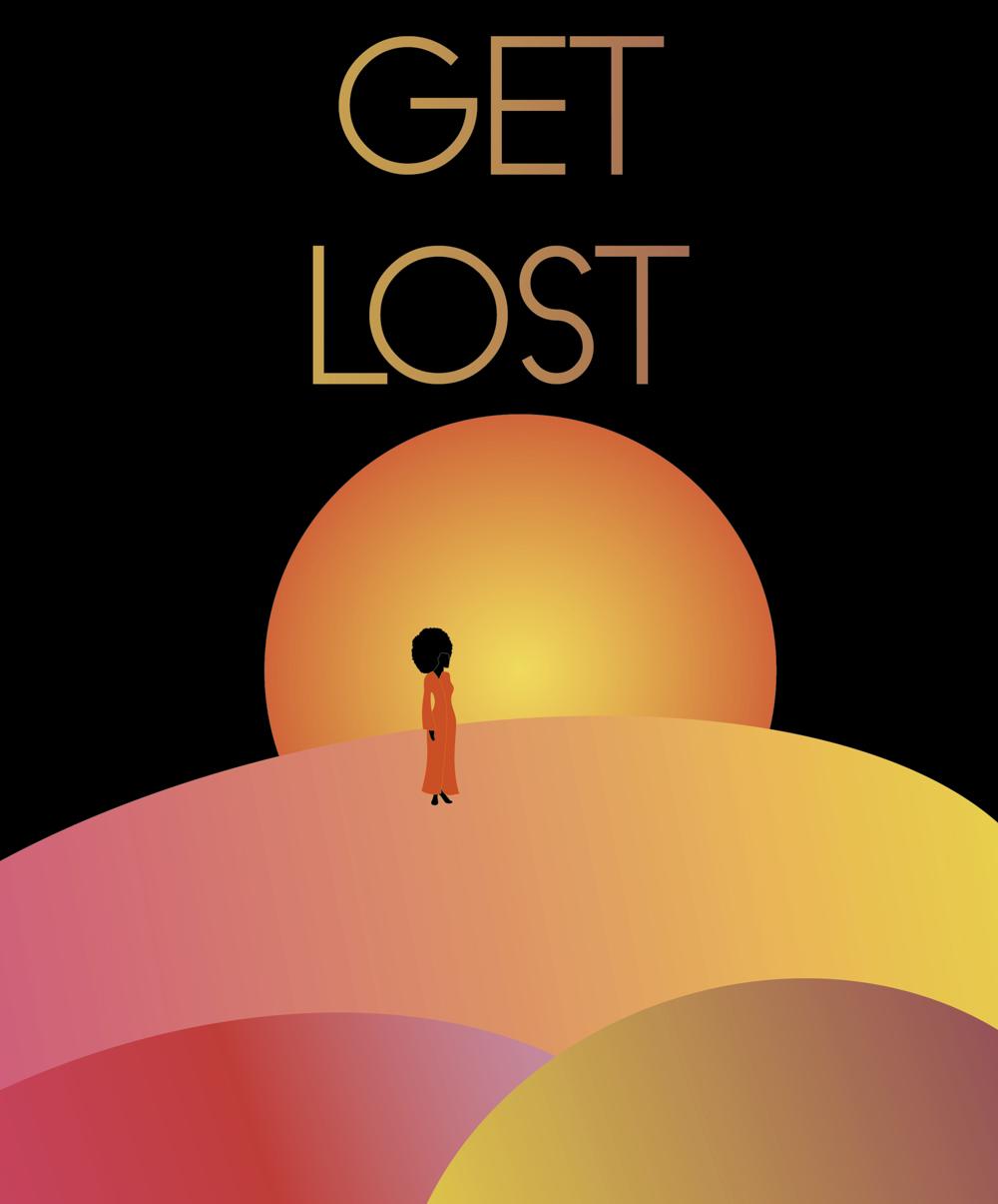 Get lost - a tiny figure of a Black woman with a beautiful Natural black Afro hairstyle, suggesting Alice Colrane, wanders/wanders in a meditative and colourful landscape, reflective of the worlds created within her music