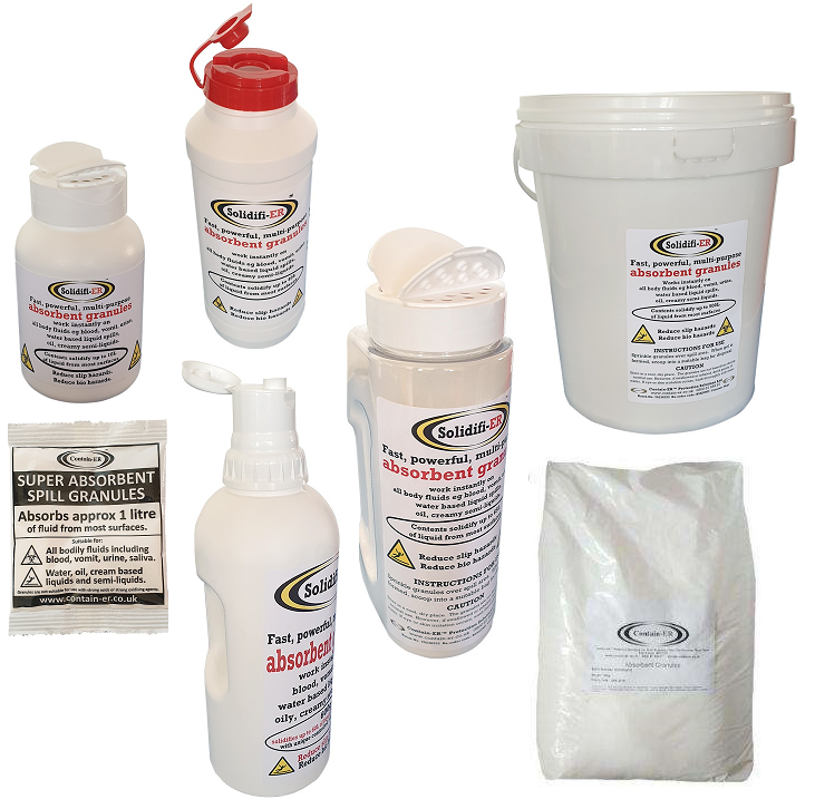 Solidifi-ER body fluid absorbent granules without masking agent