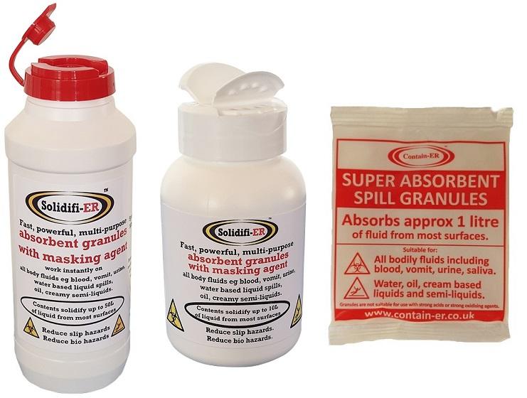 Solidifi-ER body fluid absorbent granules with masking agent