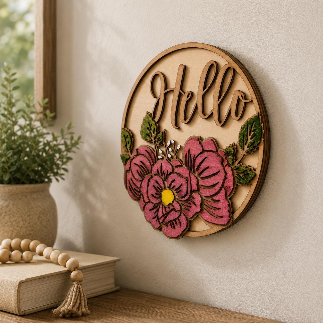 LAYERED WOODEN "HELLO" FLORAL WALL PLAQUE