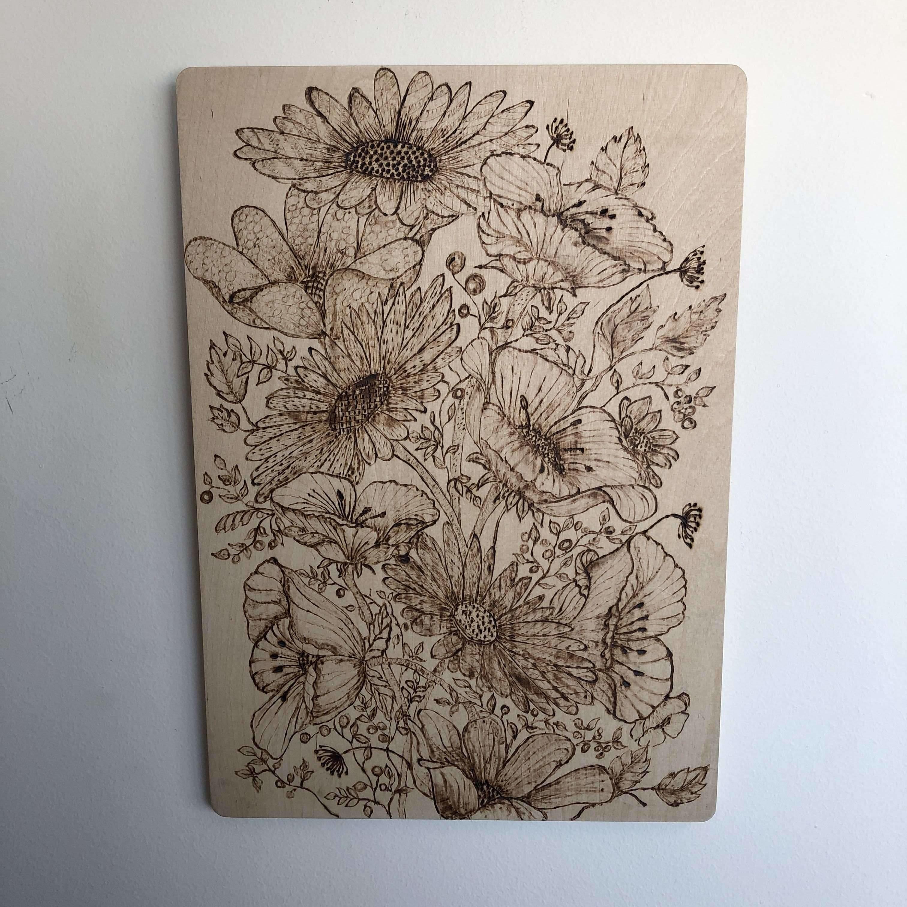 Red Berry Crafts Ltd:Pyrographed Flowers Engraved Picture