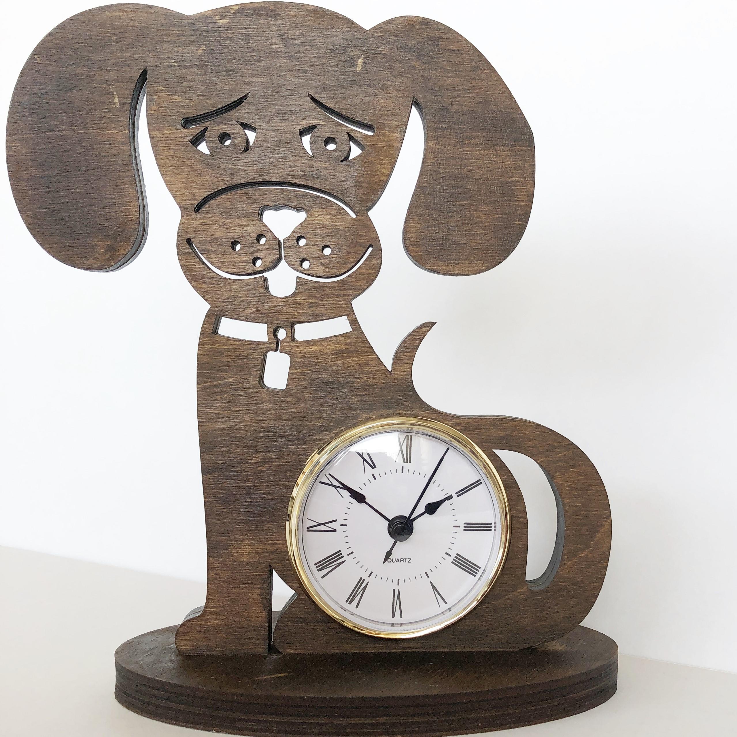Cute puppy clock, laser cut plywood, stained dark oak colour with gold coloured quartz clock insert