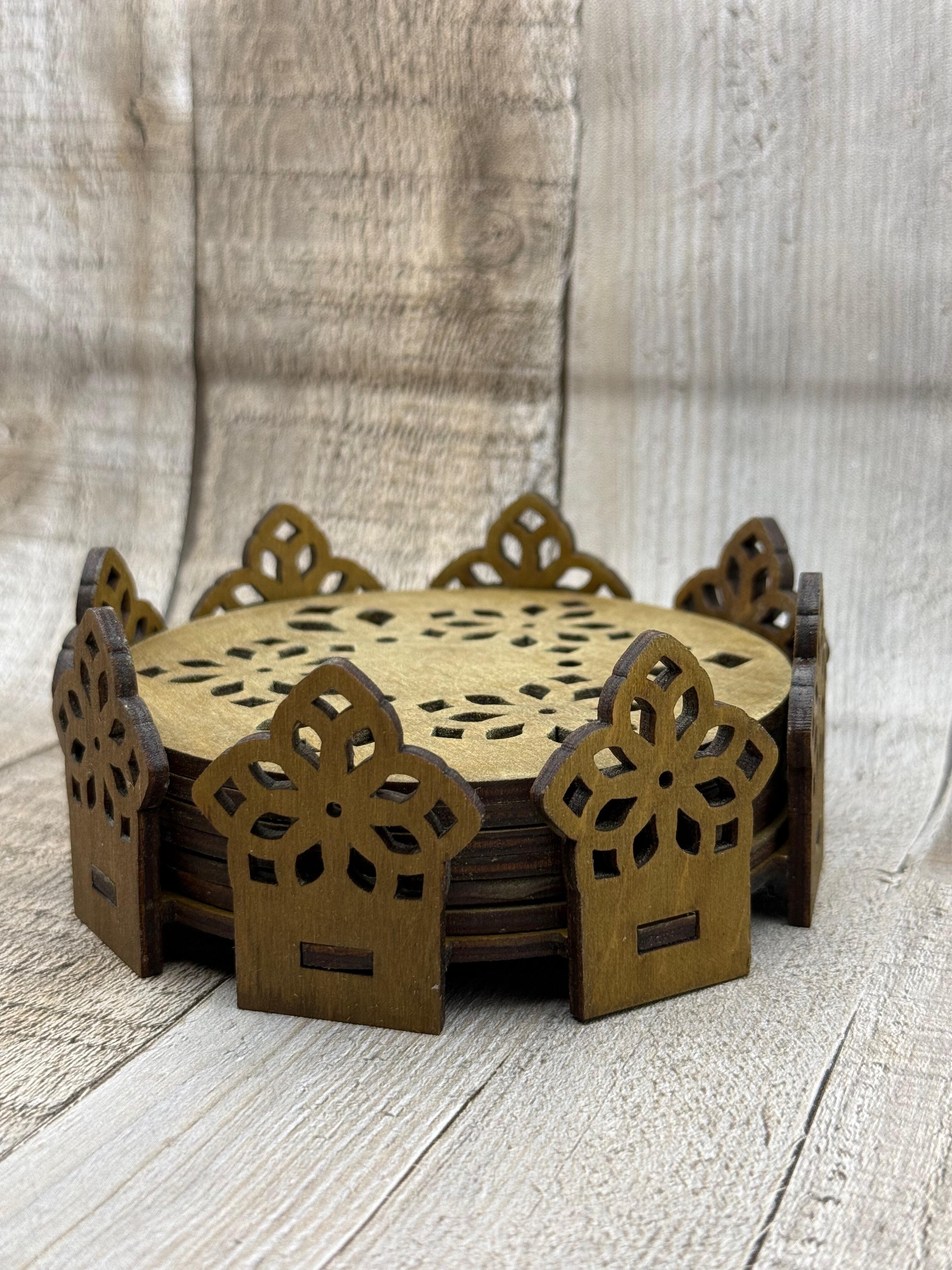 Handmade wooden coaster set UK with storage stand