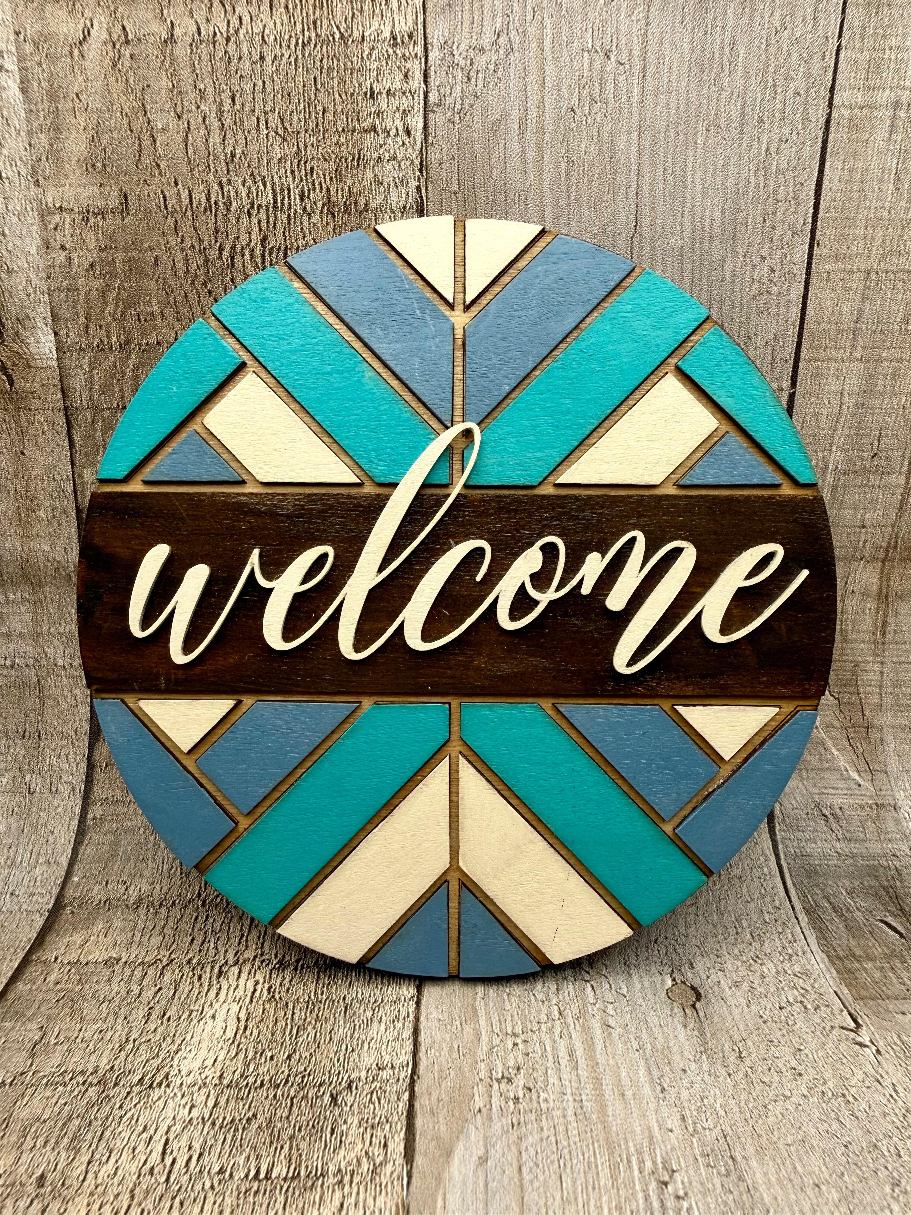 GEOMETRIC LAYERED WOODEN "WELCOME" WALL SIGN