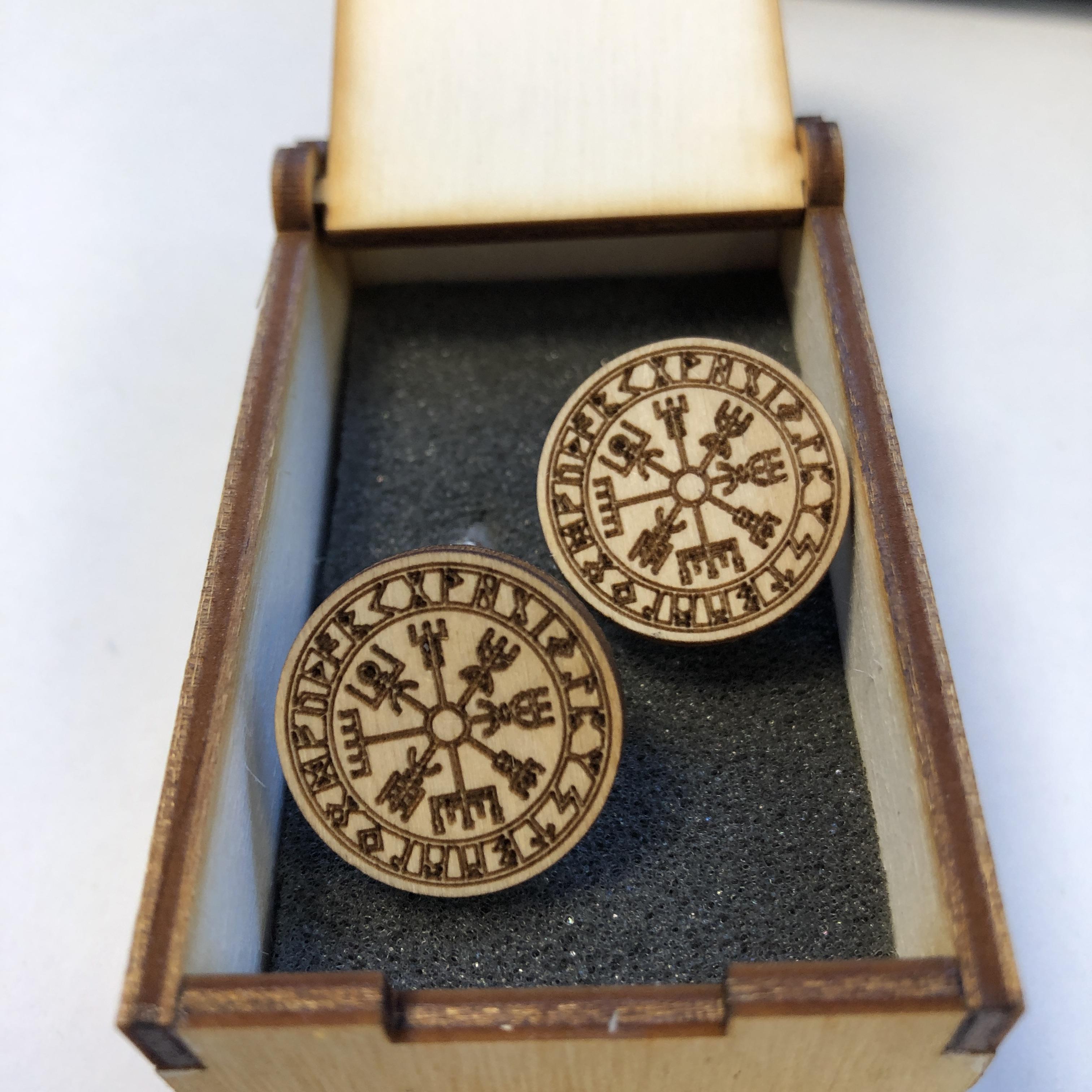 Wooden engraved cufflink with Vegvisir design
