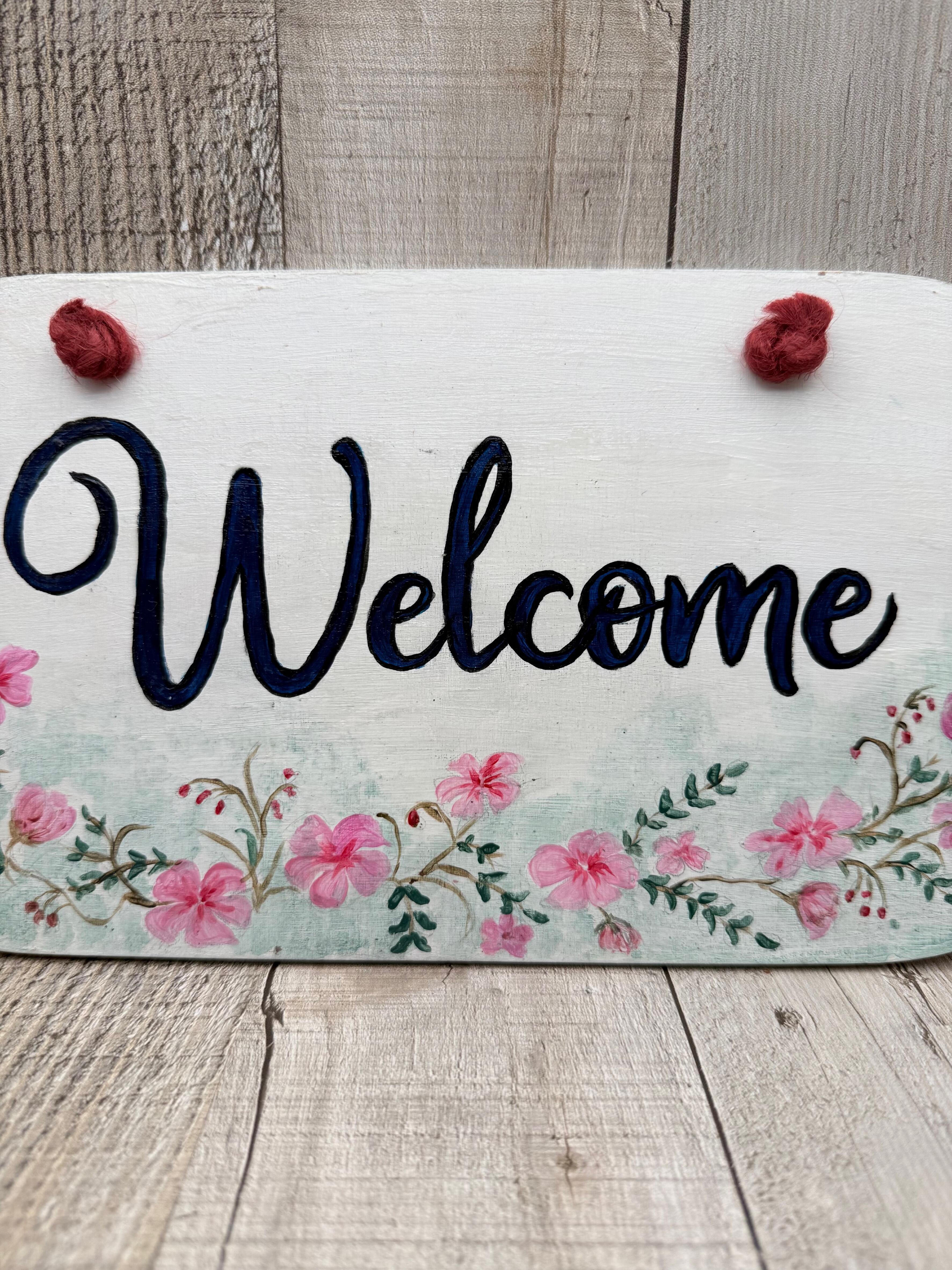 HAND PAINTED FLORAL "WELCOME" OVAL WOODEN SIGN