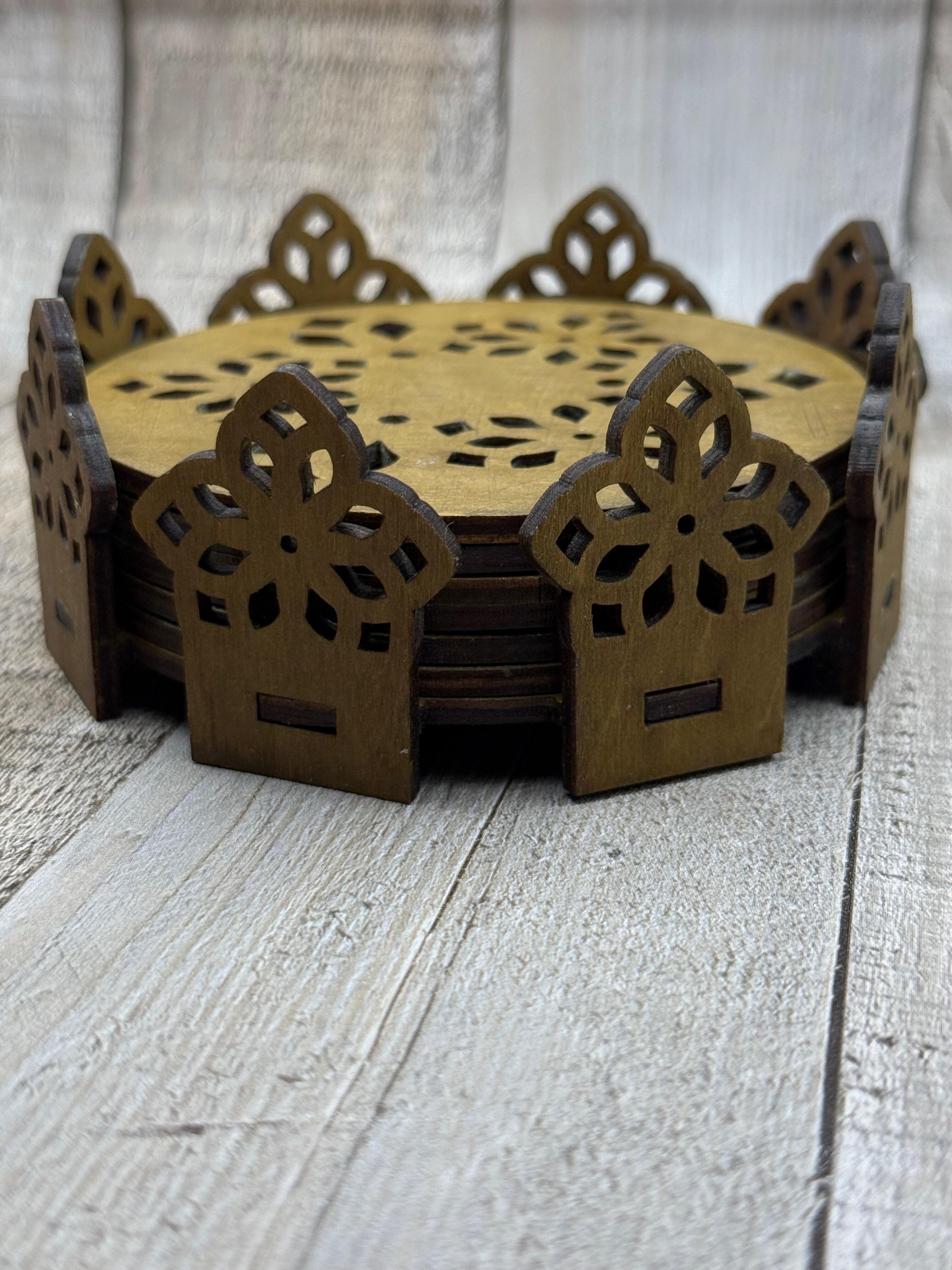 Decorative wooden coaster set with stained finish and holder