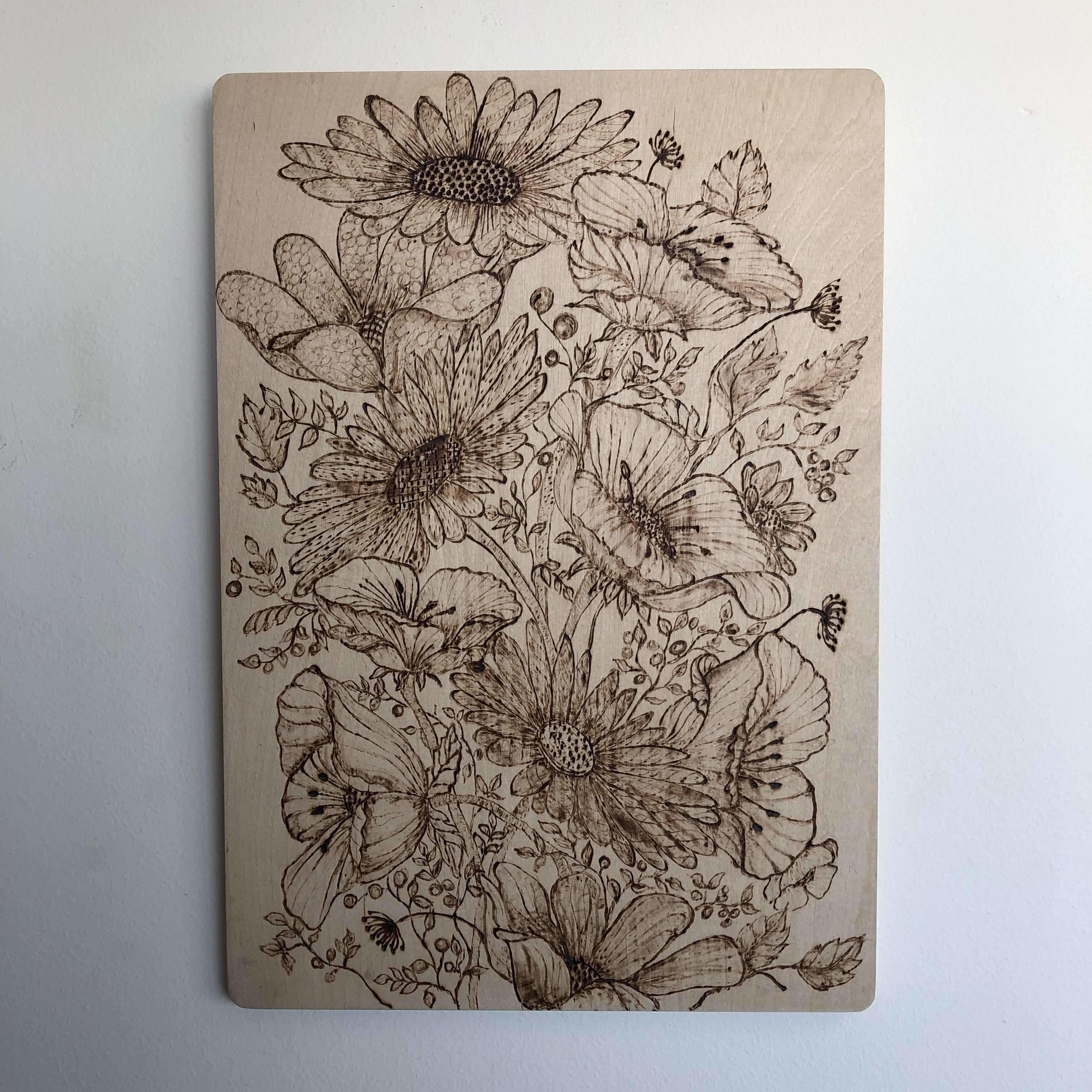 Red Berry Crafts Ltd:Pyrographed Flowers Engraved Picture