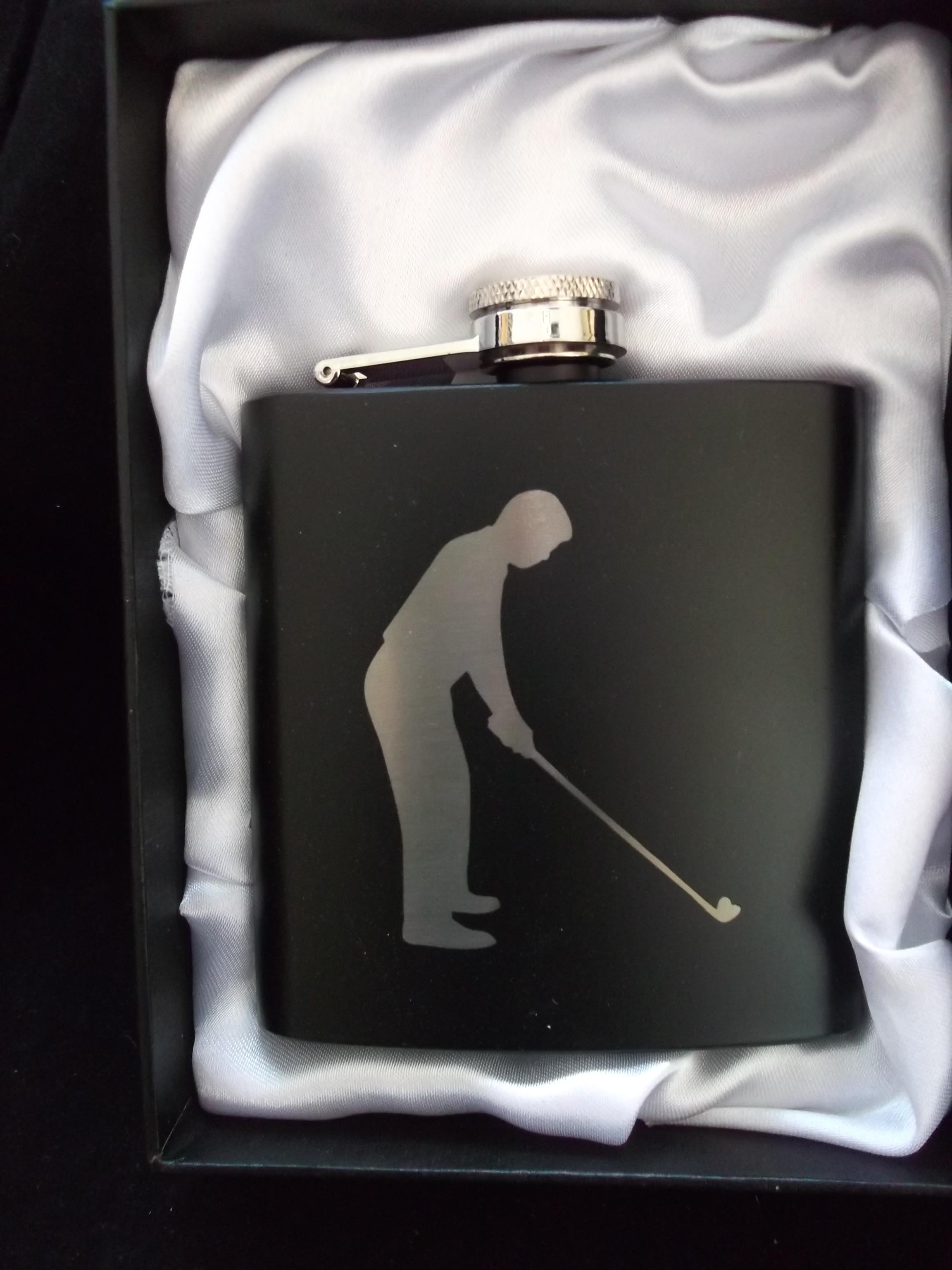 Golfer engraved hip flask in gift box