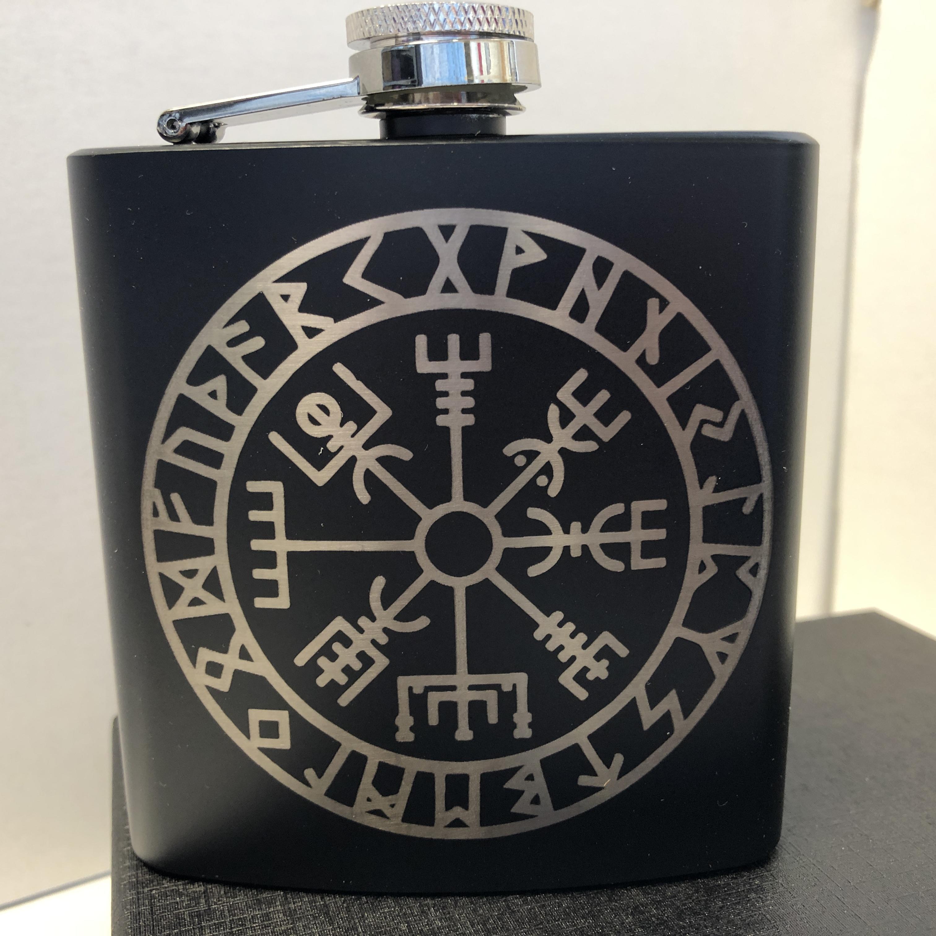 Matt black engraved  hip flask with gift box
