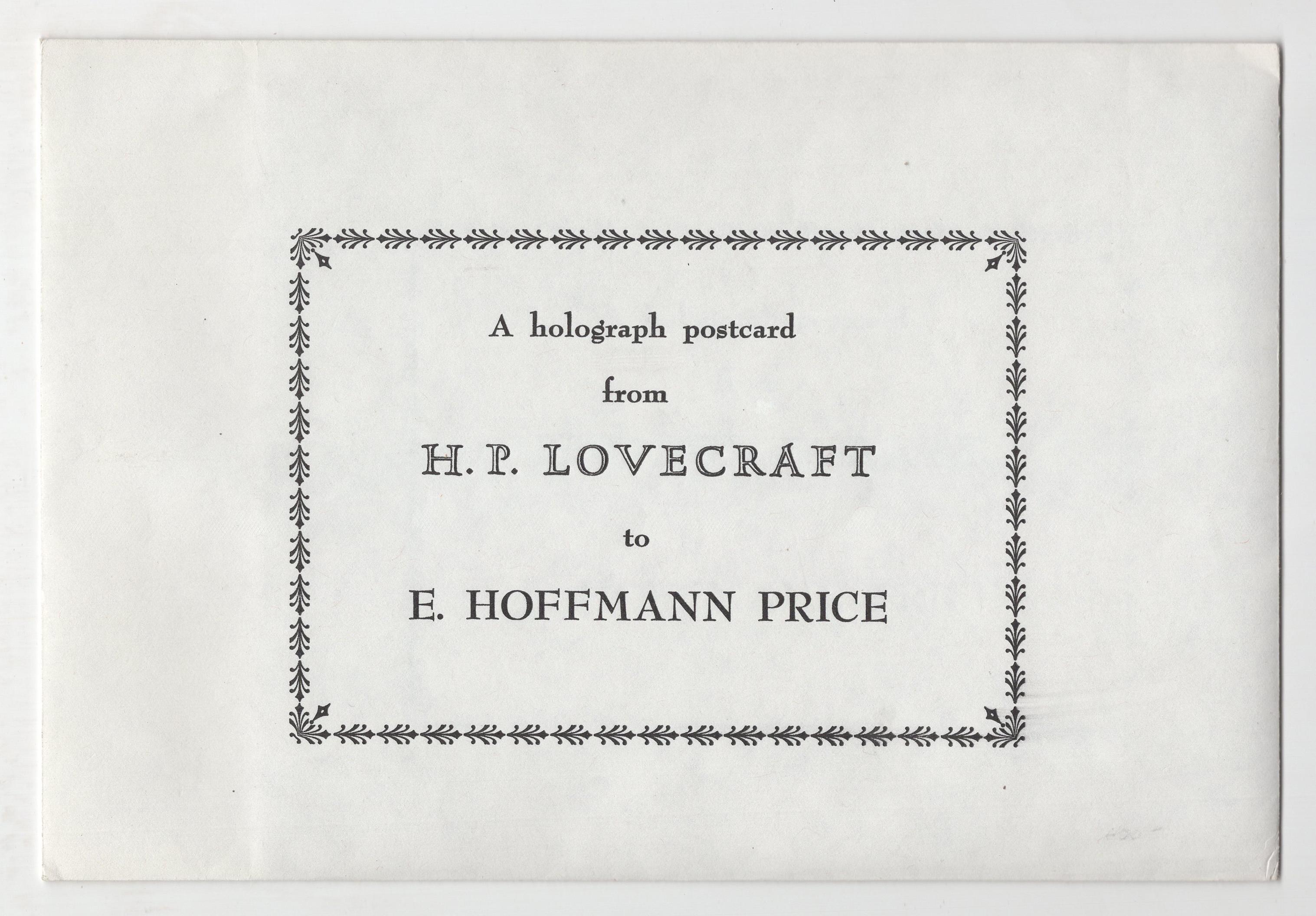 H. P. LOVECRAFT. Autograph postcard to E. Hoffmann Price on Weird