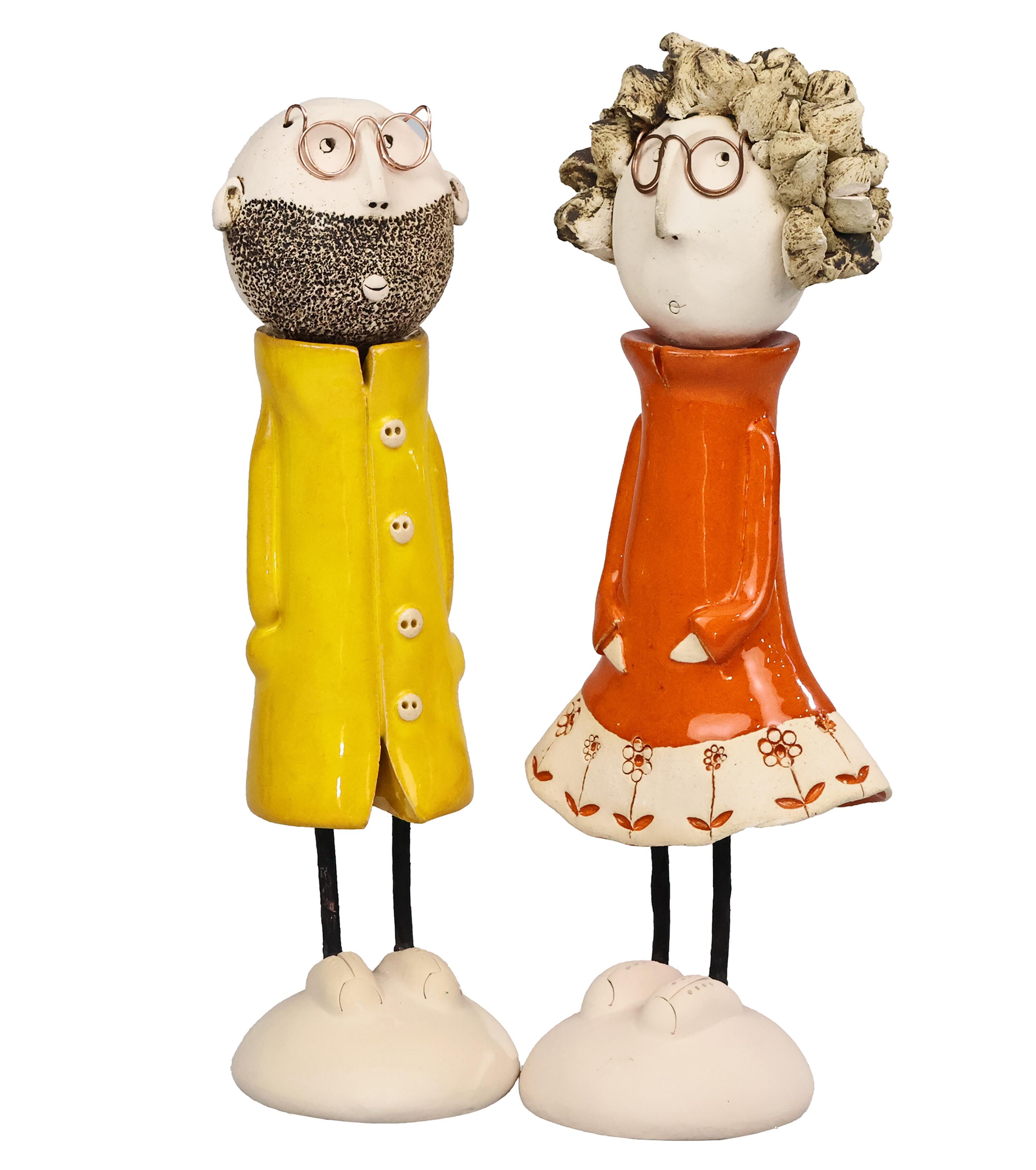 andmade Ceramic Couple Sculpture – Bearded Man & Spiky Haired Woman, Colourful Artisan Pottery Figure, Modern Home Decor