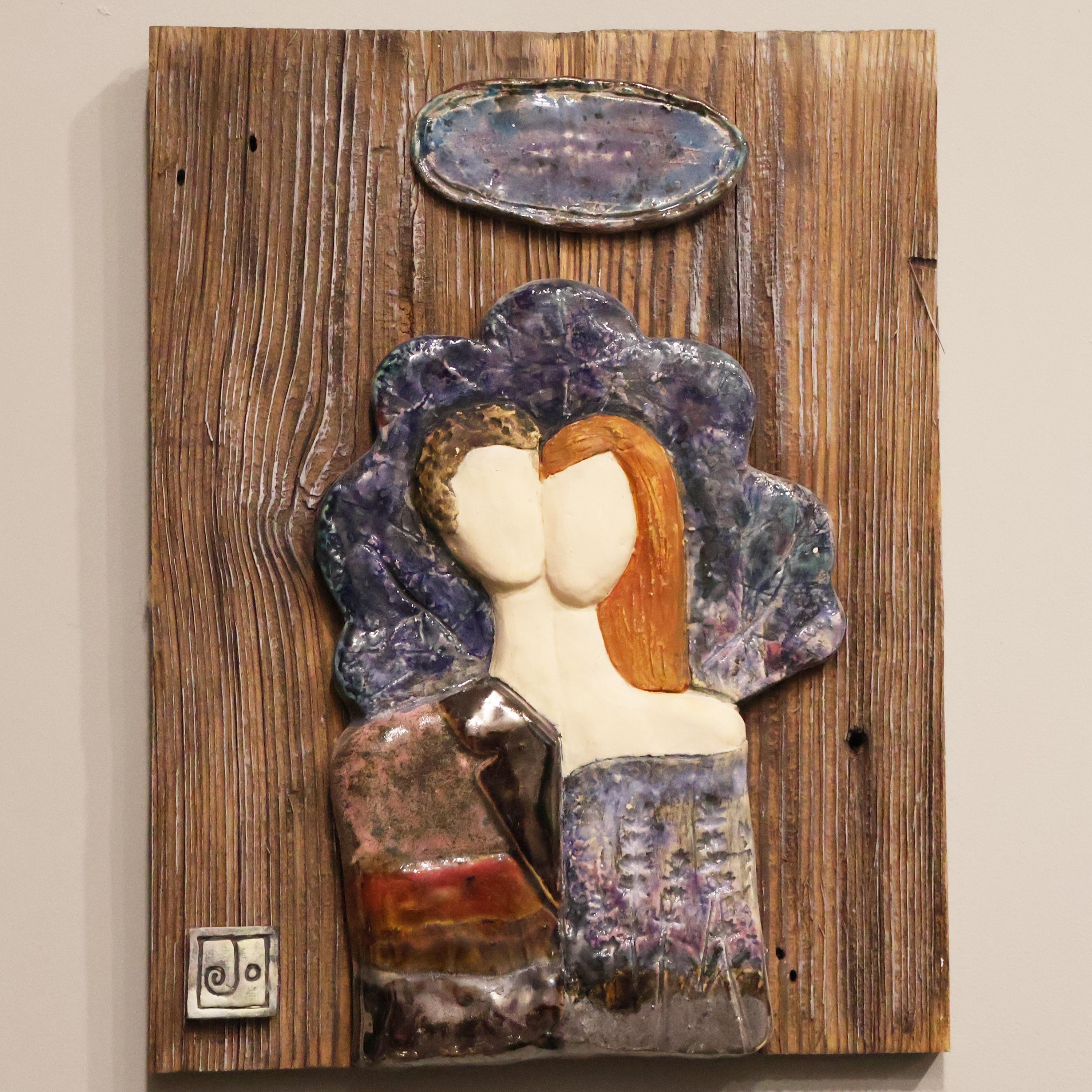 Sculpture on Wood Faceless Couple under the Tree | Wall Decoration
