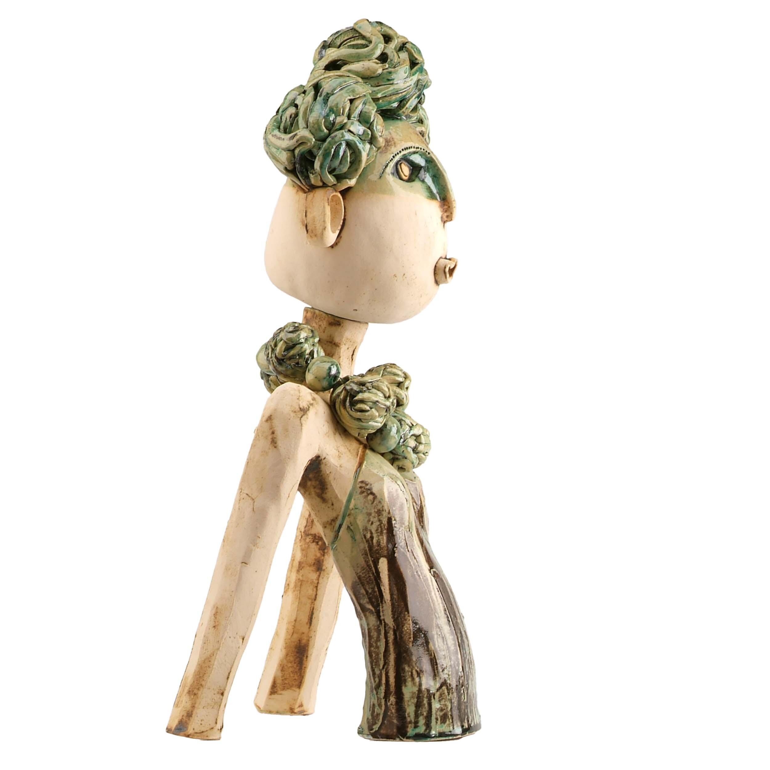 Exotic Lady in Green Handmade Ceramic Large Statue