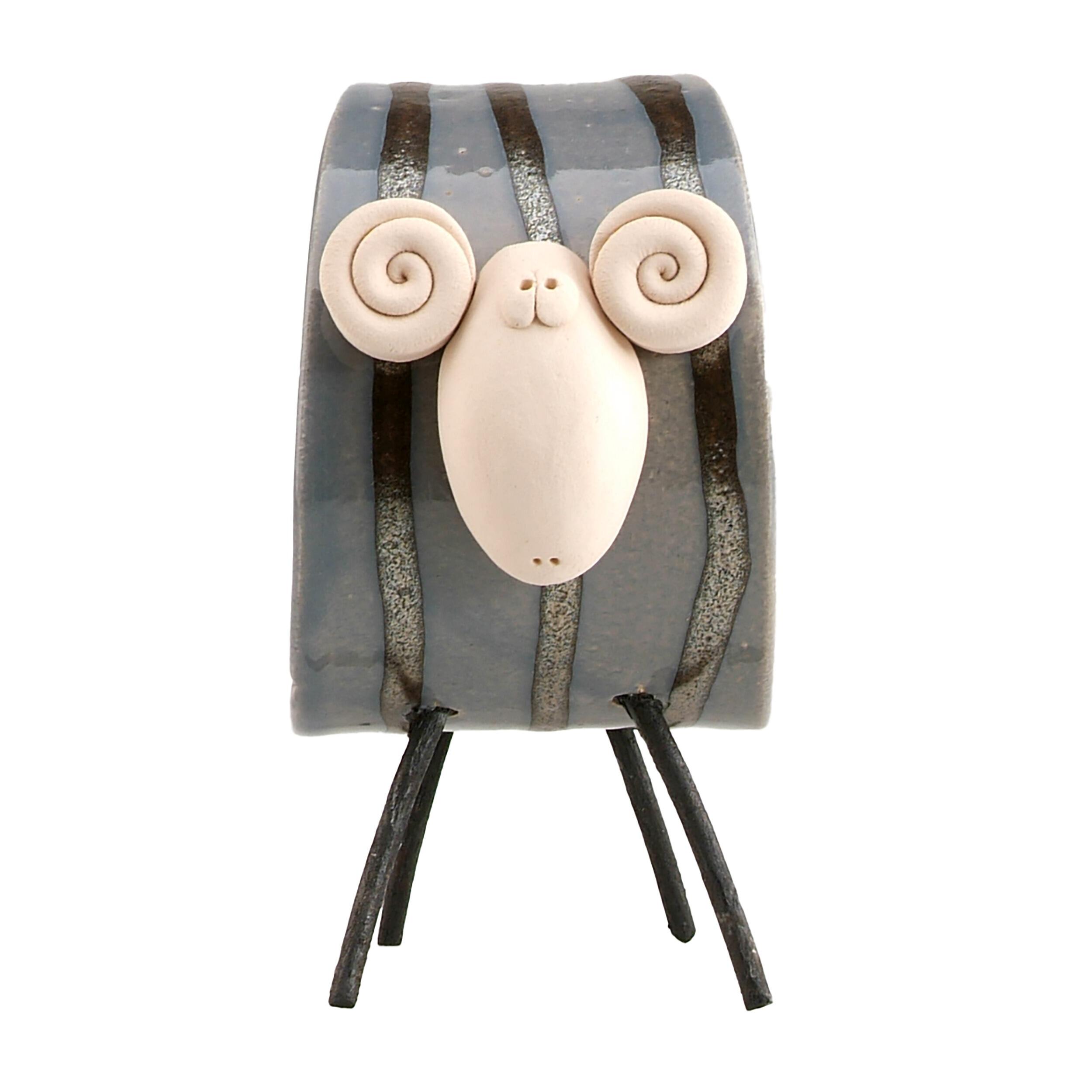 Handmade Stylish Ceramic Ram in elegant grey with captivating scroll design. Unique, sophisticated decor crafted from ceramic, adding artistry and elegance to your space.