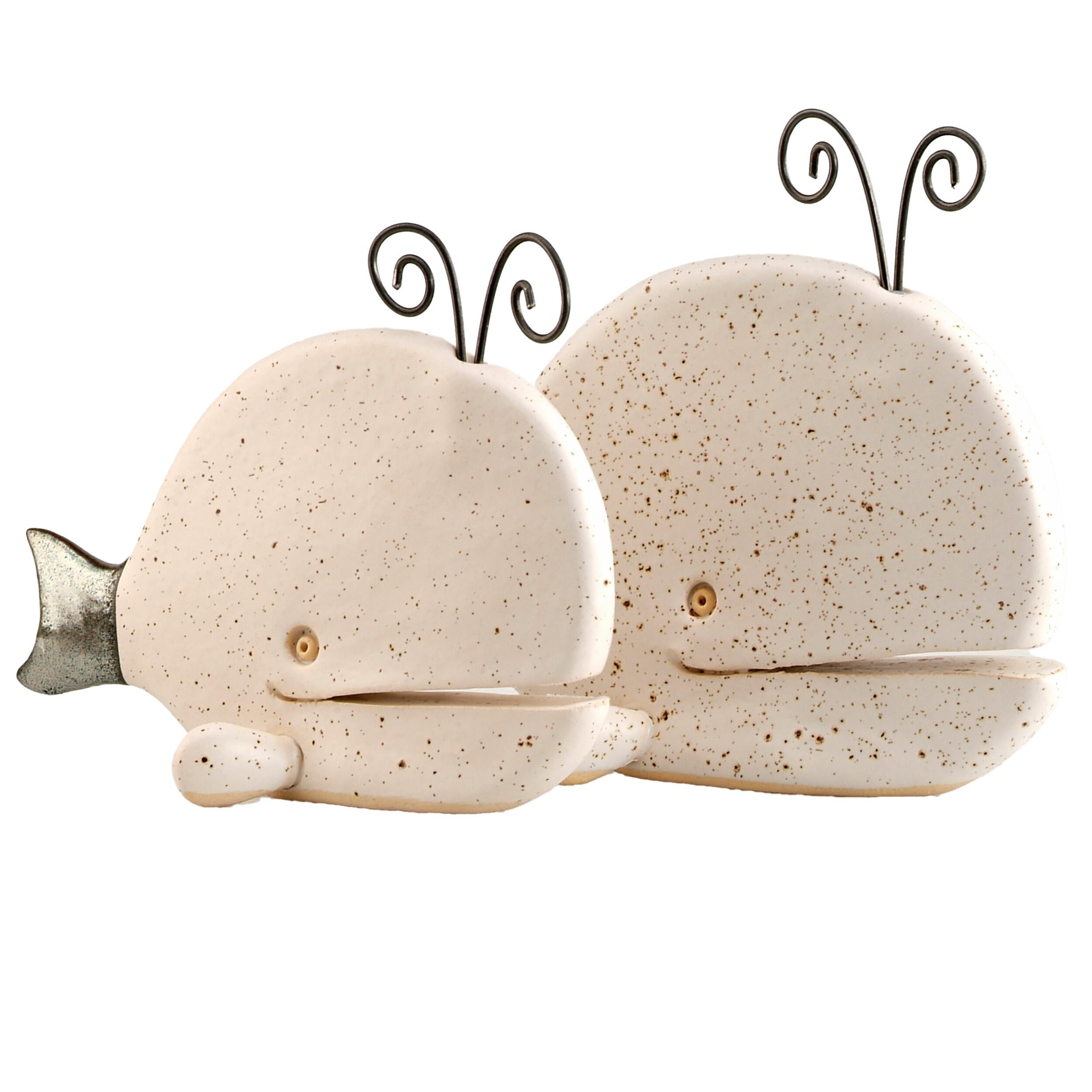Hand-Sculptured Flat Ceramic Spouting Whale with Metal Element