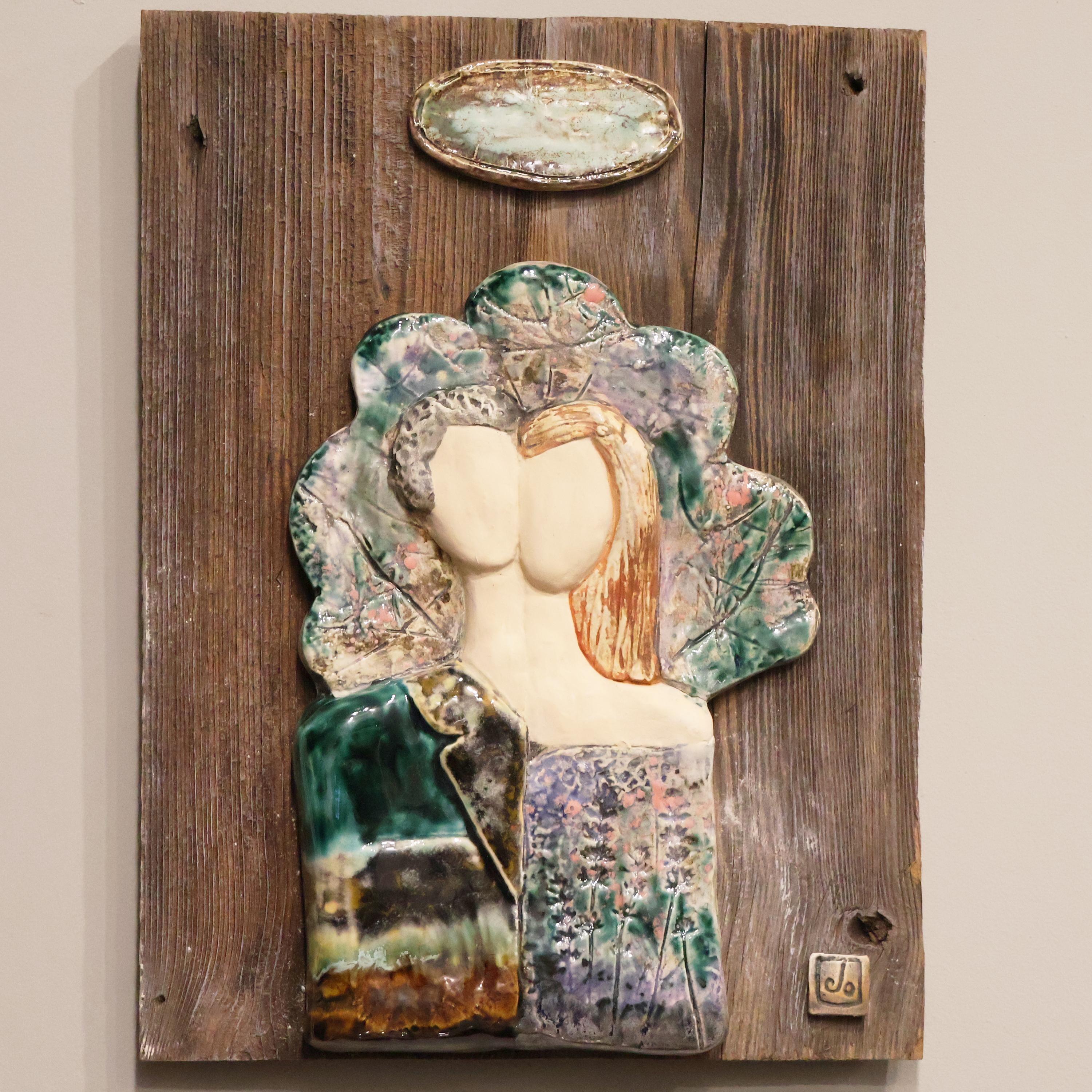 Sculpture on Wood Faceless Couple under the Tree | Wall Decoration