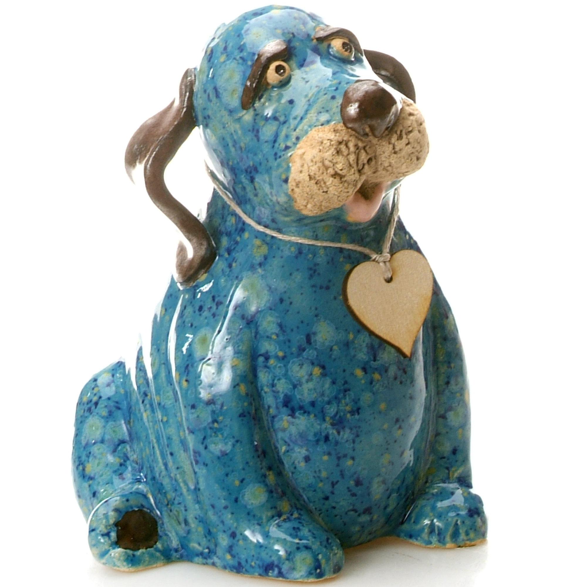 Ceramic Puppy Dog Ornament with Messaging Wooden Heart Tag | Blue