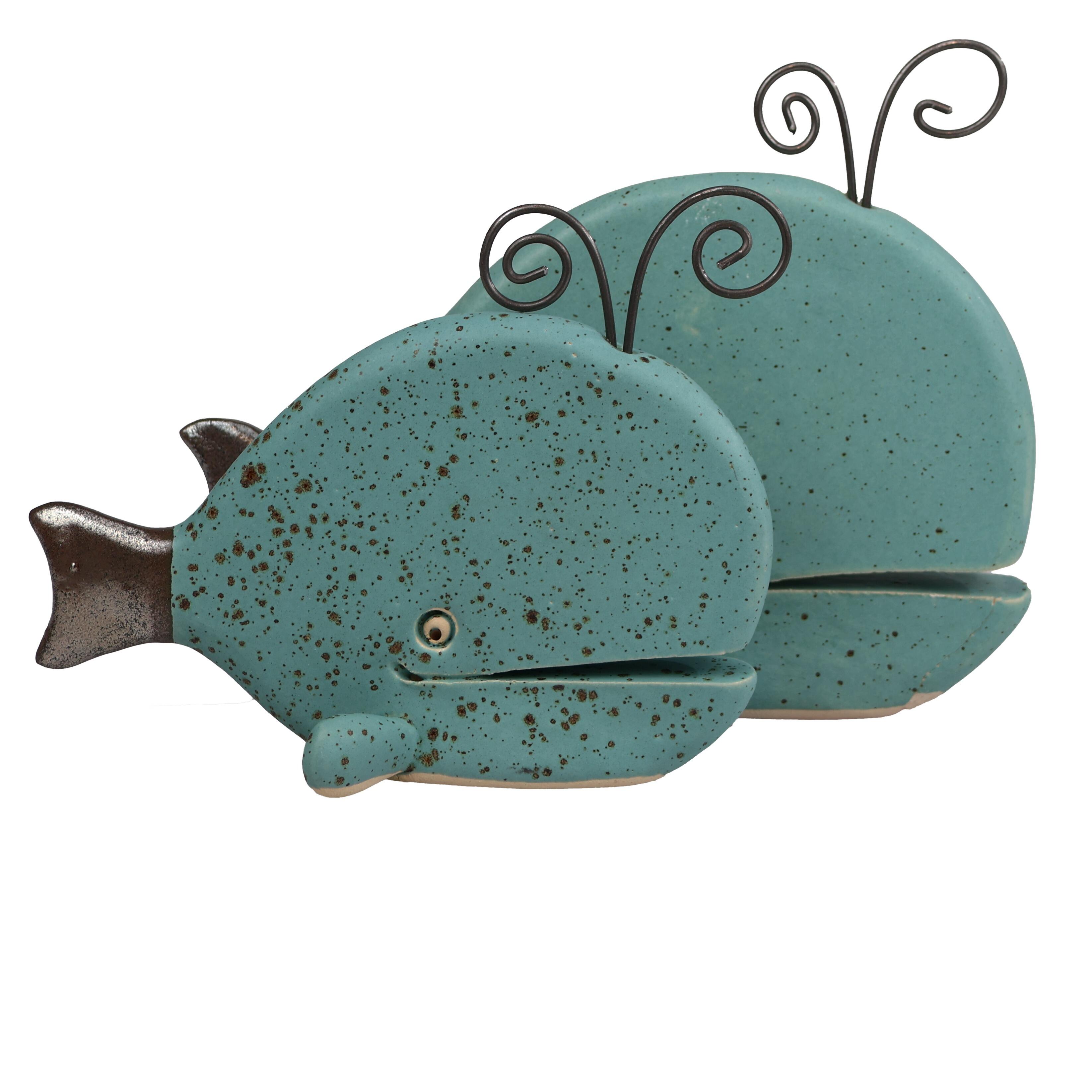 Hand-Sculptured Flat Ceramic Spouting Whale with Metal Element
