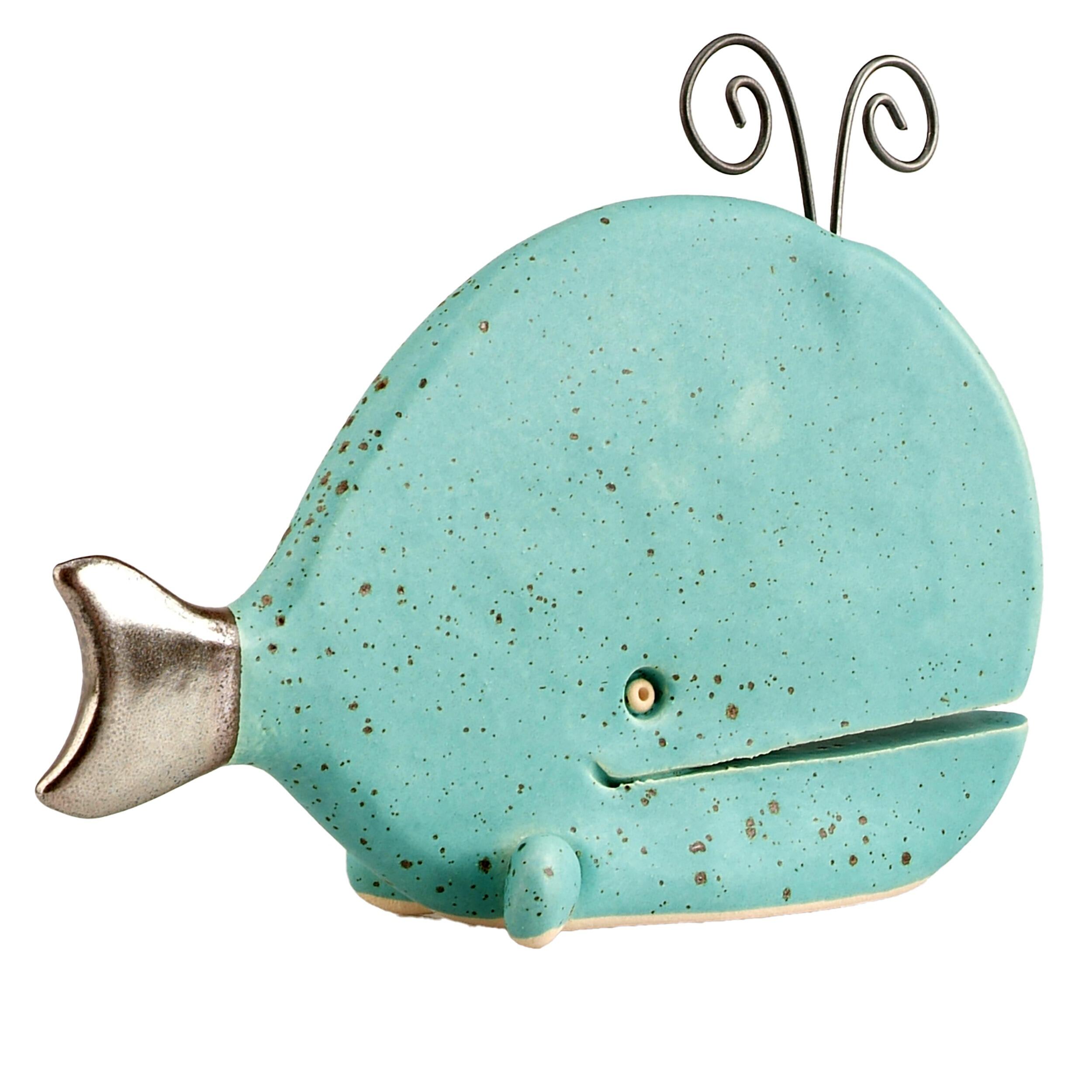 Hand-Sculptured Flat Ceramic Spouting Whale with Metal Element
