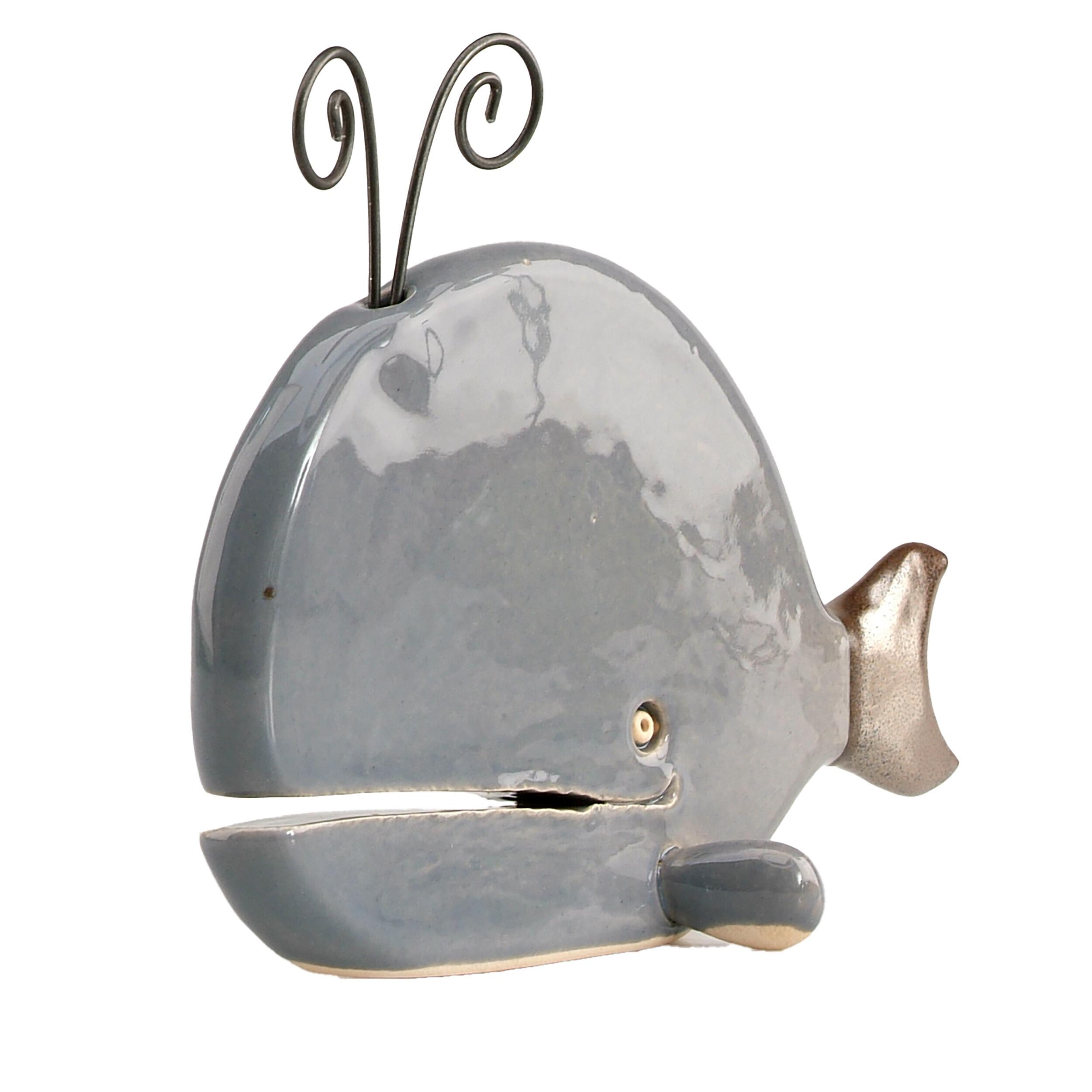 Hand-Sculptured Flat Ceramic Spouting Whale with Metal Element