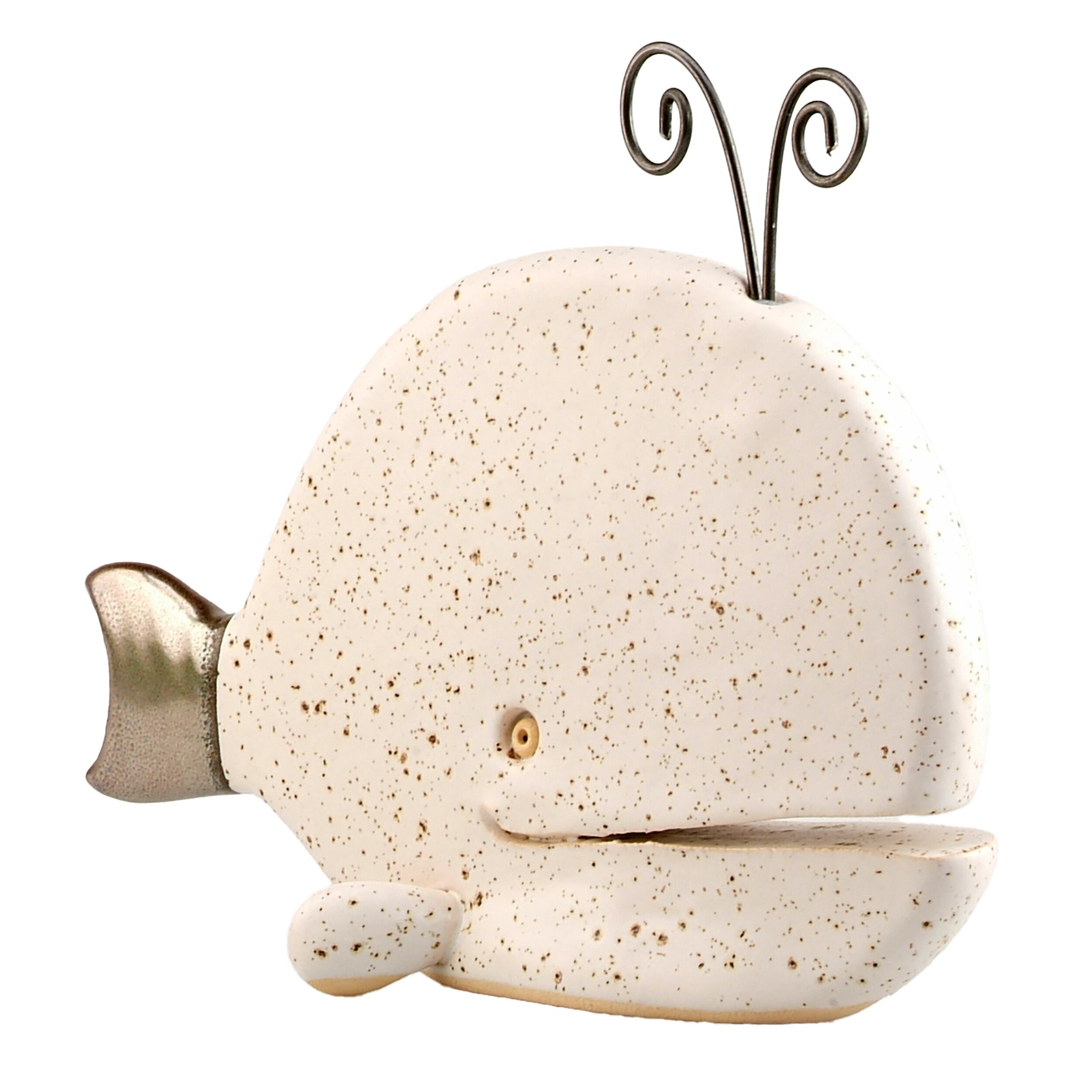 Hand-Sculptured Flat Ceramic Spouting Whale with Metal Element