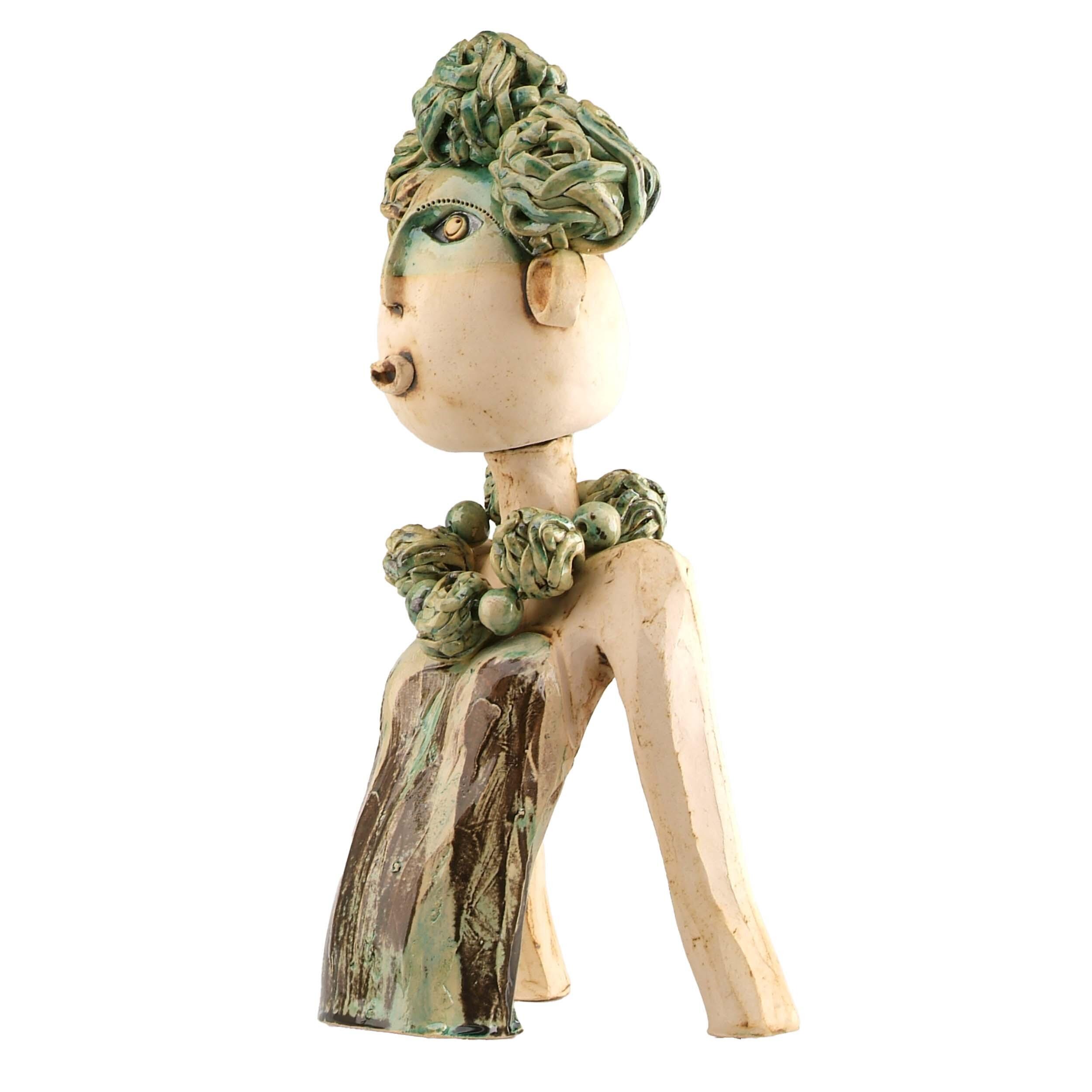 Exotic Lady in Green Handmade Ceramic Large Statue