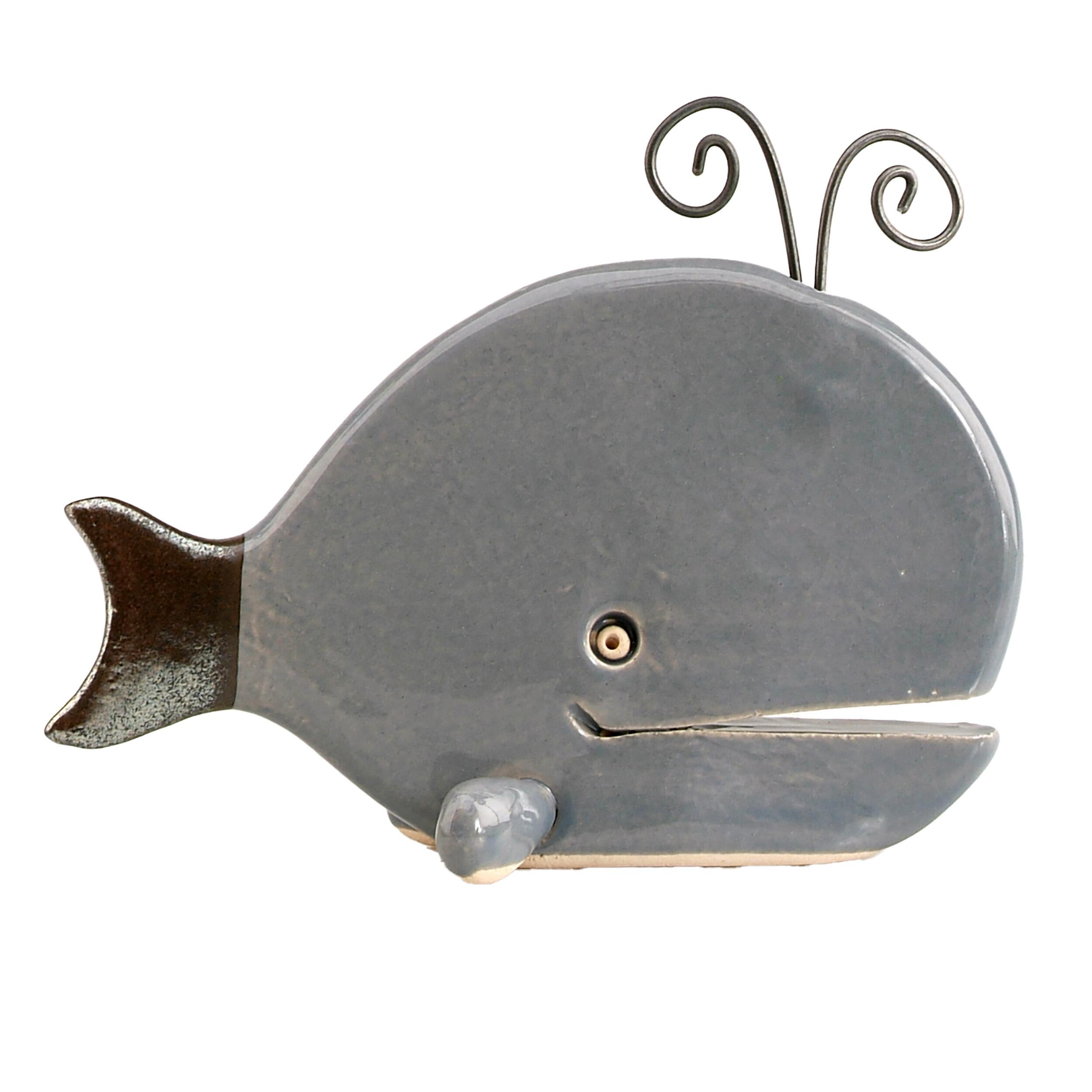 Hand-Sculptured Flat Ceramic Spouting Whale with Metal Element